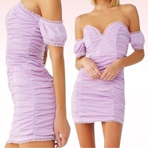 FOREVER 21 Lilac Purple Rutched Glitter Puff Sleeve Mini Dress (Sz M)